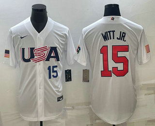 Men%27s USA Baseball #15 Bobby Witt Jr Number 2023 White World Baseball Classic Replica Stitched Jerseys